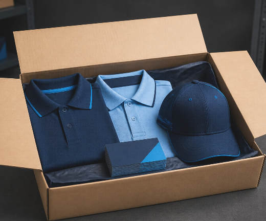 Open Road branded polos, cap, and business cards packed in a shipping box